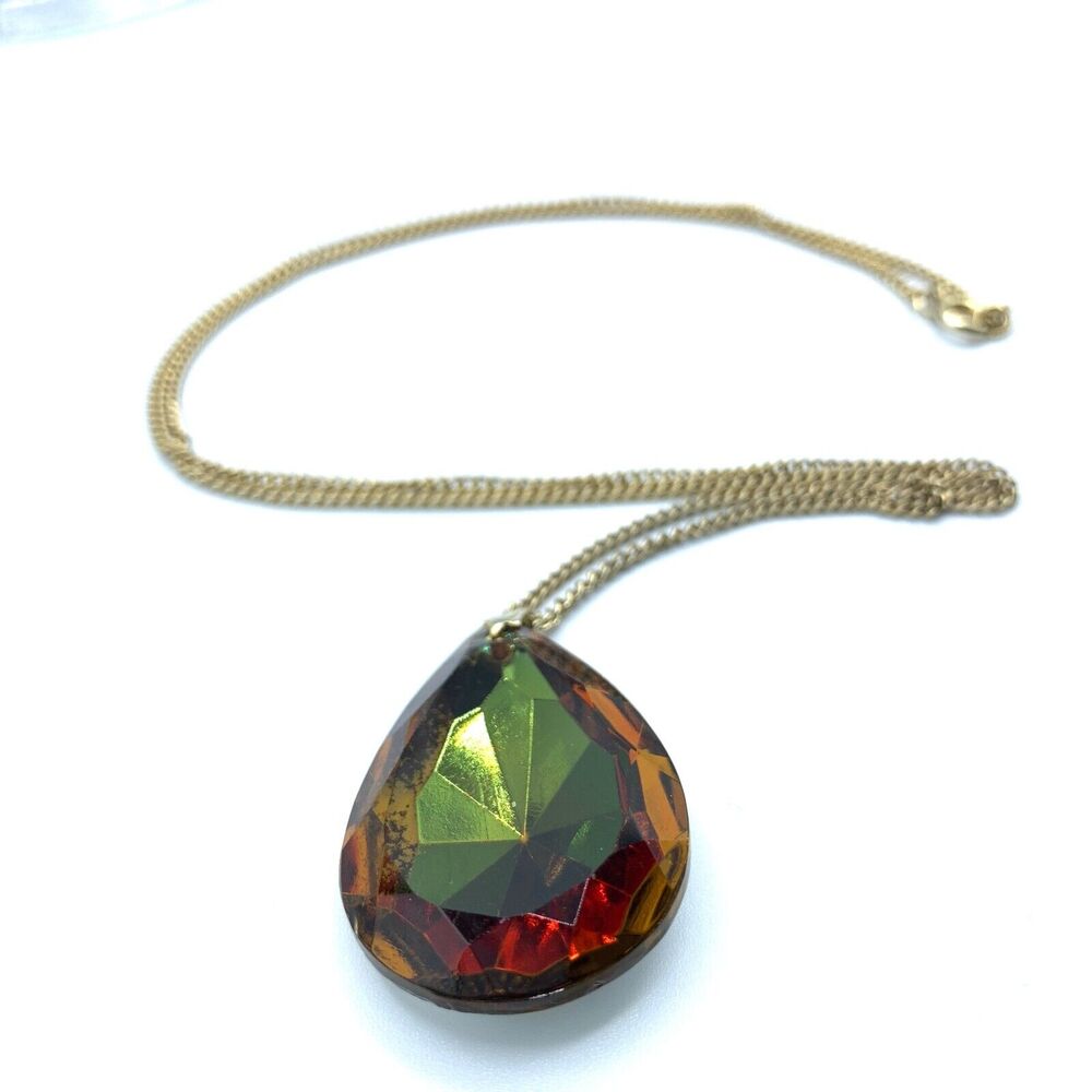 Vintage Topaz colored teardrop stone pendant silver toned backing necklace